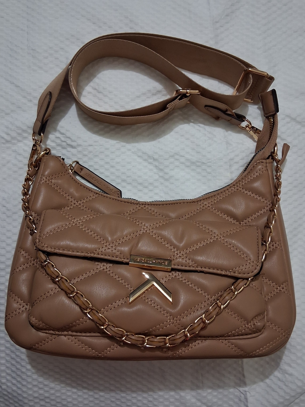 Kylie Jenner Quilted Tan Shoulder Bag with Gold Chain Accent